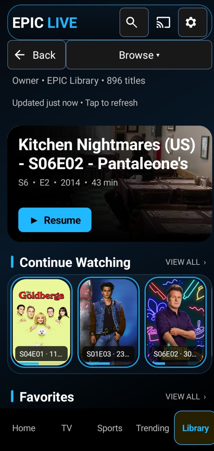 EPIC Live Android app showing the EPIC Library, resume playback, and continue watching