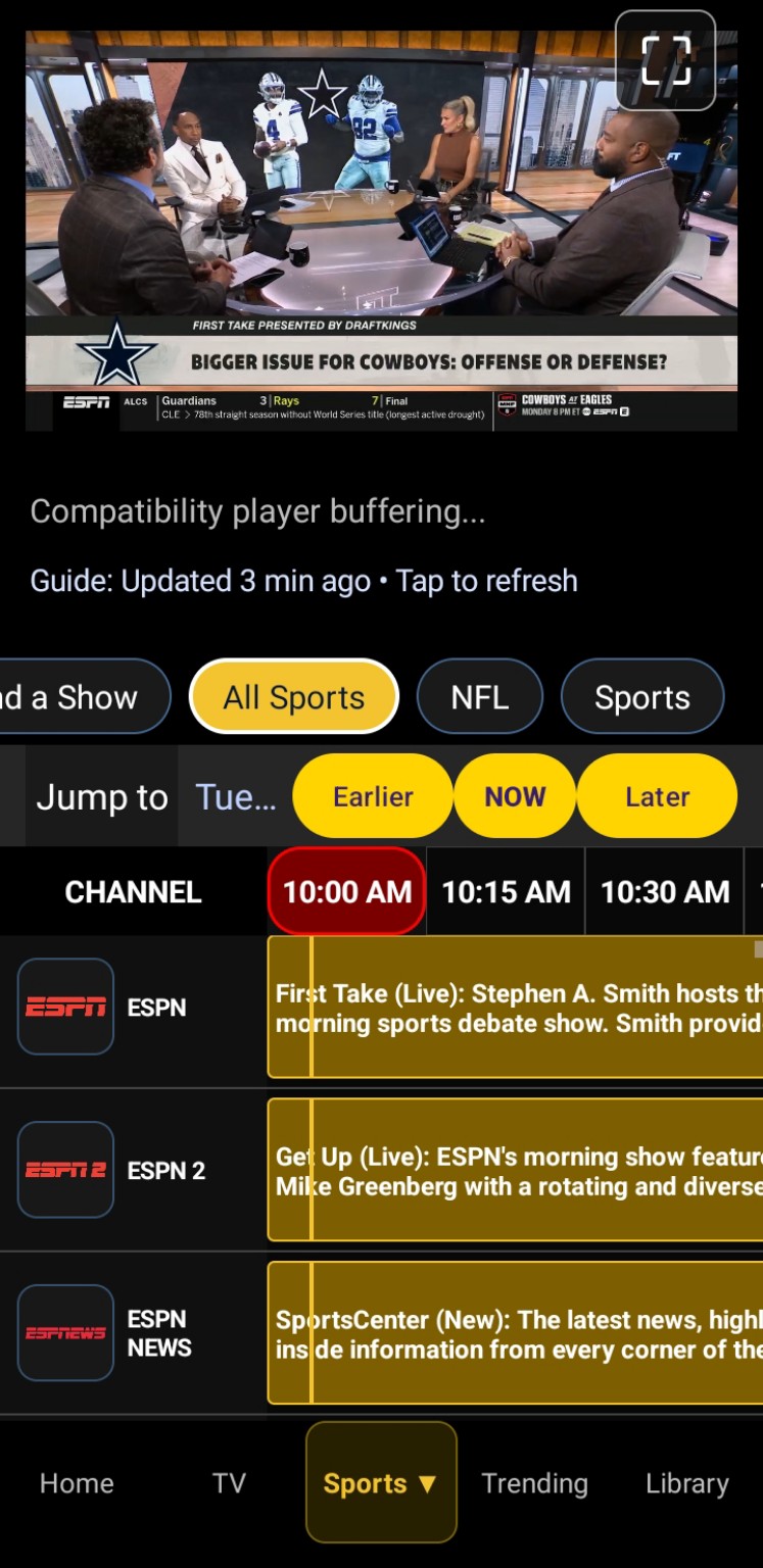 EPIC Live sports guide displaying ESPN channels and current programming